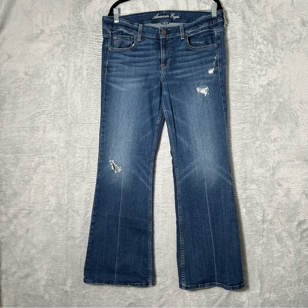 American Eagle Hipster Jeans Womens 14R Blue Denim Stretch Distressed Boot Flare